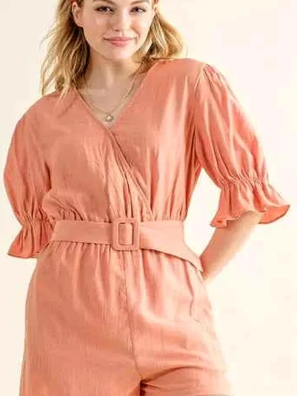Flounce Sleeves Romper with Belt — detail view — Livostyle