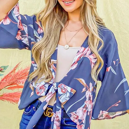 Chic Floral Print Front Tie Knot Top for Casual Style — square view — Livostyle
