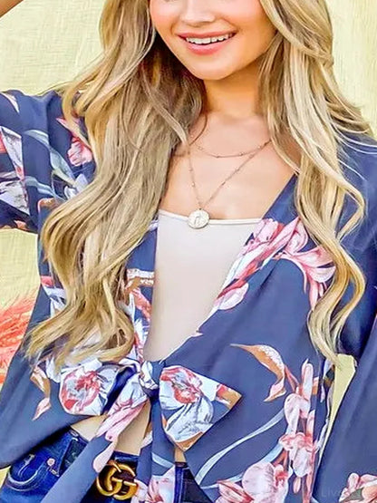 Chic Floral Print Front Tie Knot Top for Casual Style — detail view — Livostyle