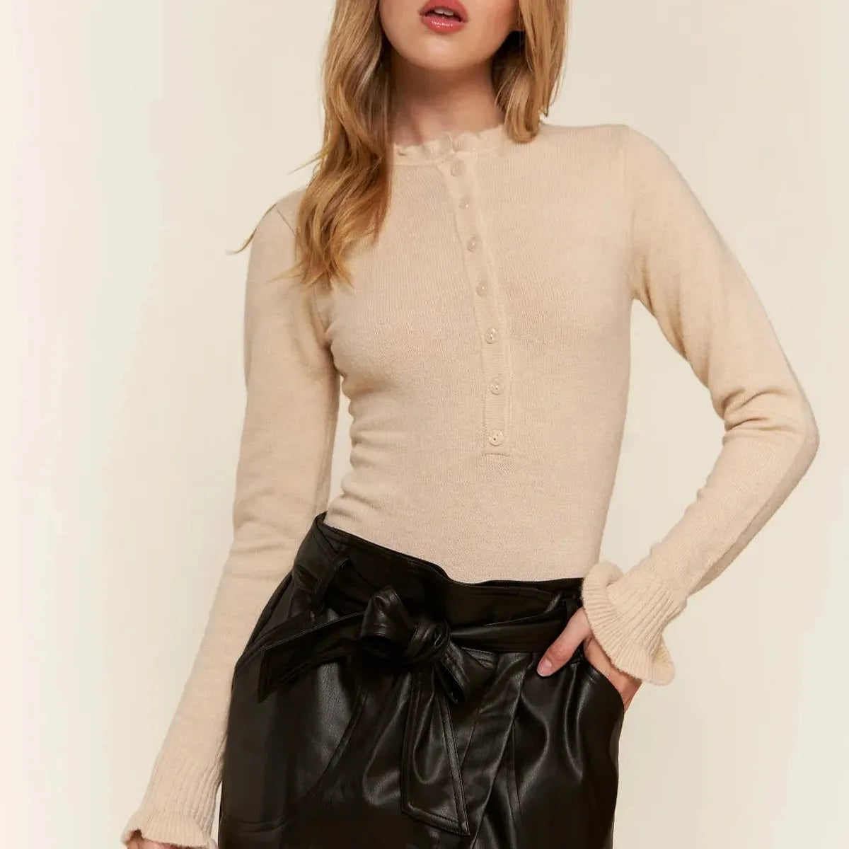 Elegant Half-Button Long Sleeve Bodysuit with Round Neck — square view — Livostyle