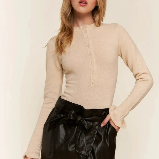 Elegant Half-Button Long Sleeve Bodysuit with Round Neck — square view — Livostyle
