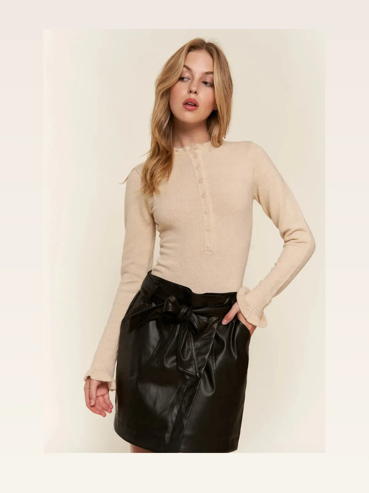 Elegant Half-Button Long Sleeve Bodysuit with Round Neck — styled showcase — Livostyle
