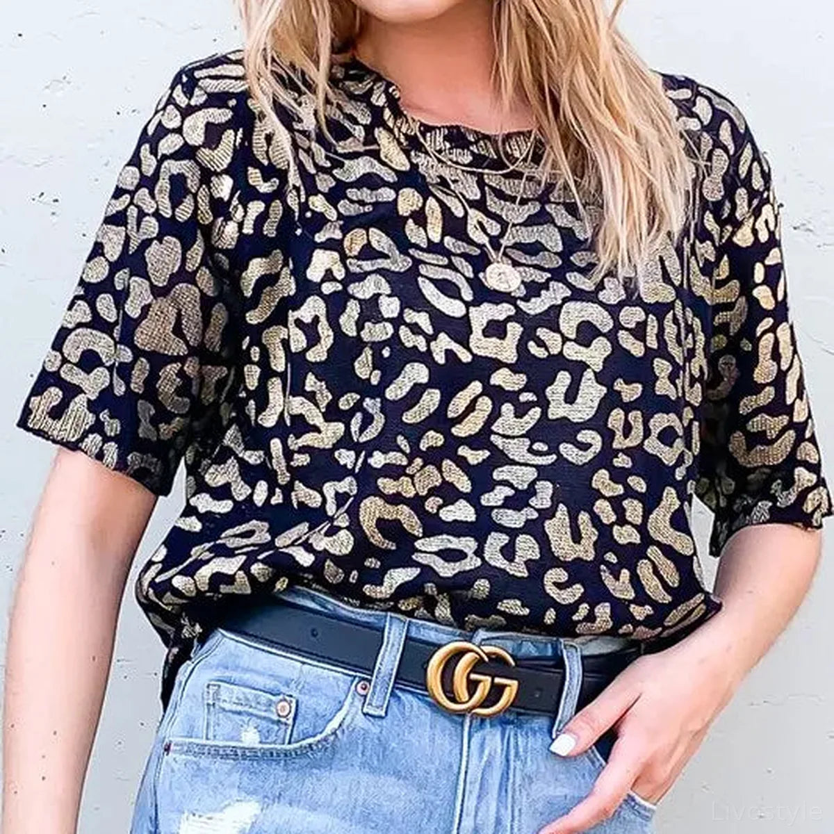 Stylish Leopard Foil-Print Half-Sleeve Summer Sweater — square view — Livostyle