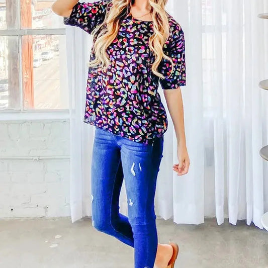 Stylish Leopard Foil Printed Half-Sleeve Summer Sweater — square view — Livostyle