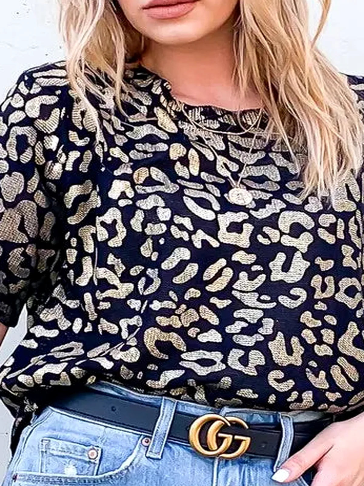 Stylish Leopard Foil-Print Half-Sleeve Summer Sweater — detail view — Livostyle
