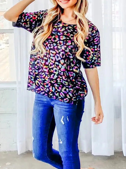 Stylish Leopard Foil Printed Half-Sleeve Summer Sweater — detail view — Livostyle