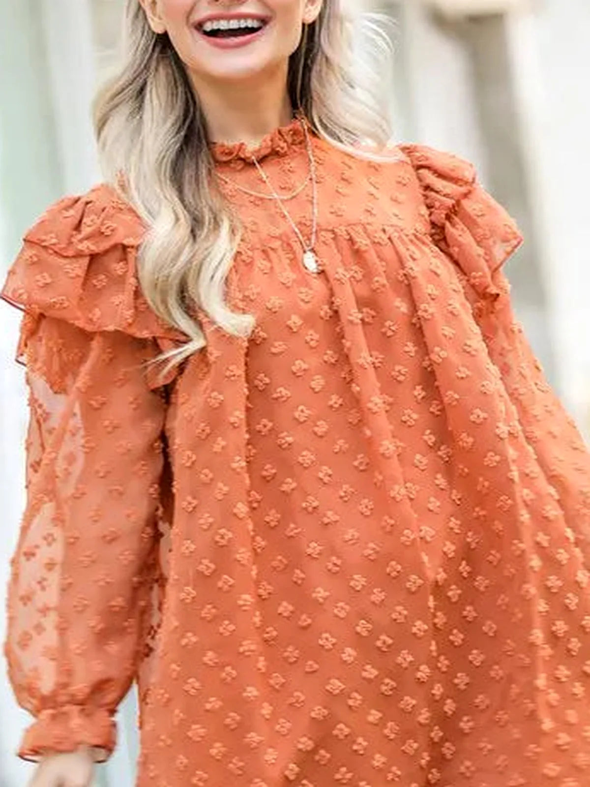 Elegant Textured Woven Dress with Lovely Ruffle Shoulder — detail view — Livostyle