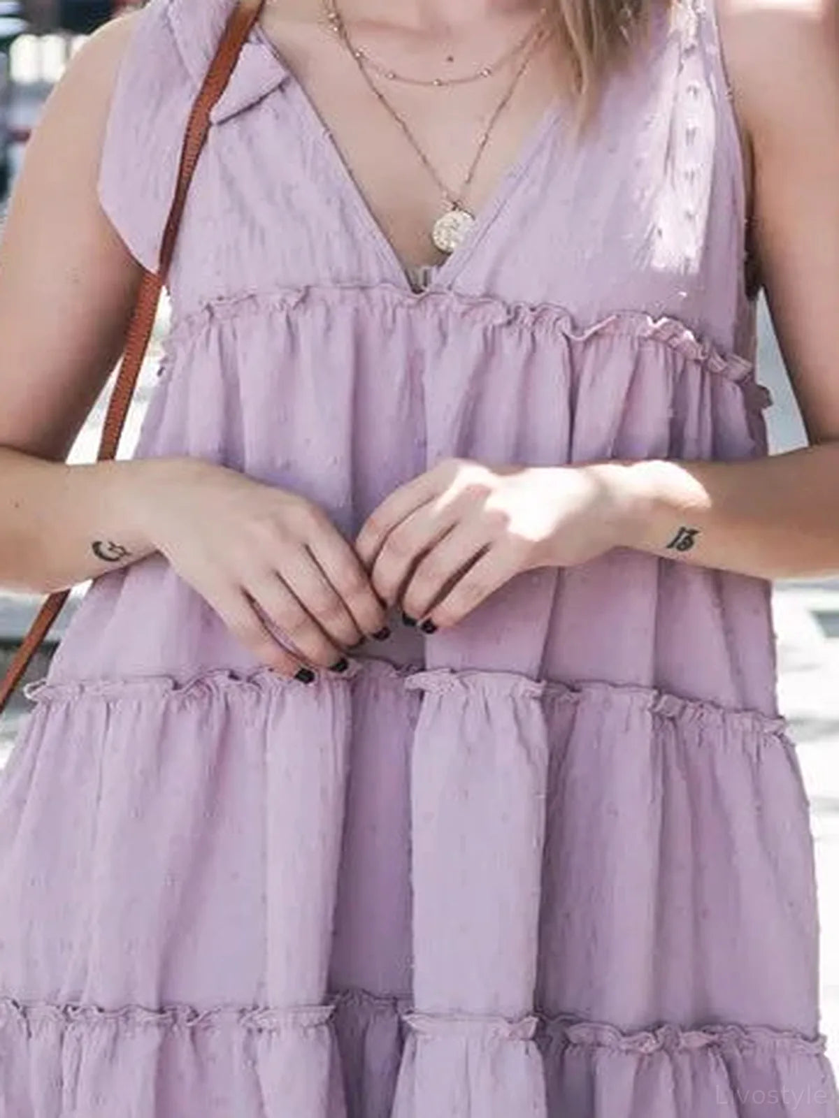 Charming Layered Flounce Ruffle Dress with Polka Dot Texture — detail view — Livostyle