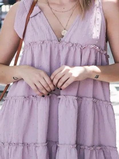 Charming Layered Flounce Ruffle Dress with Polka Dot Texture — detail view — Livostyle