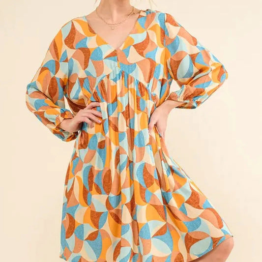 Open Back Printed Puff Sleeve Smocked Dress