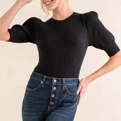 Trendy Ribbed Bodysuit with Puffed Half Sleeves in Black — square view — Livostyle