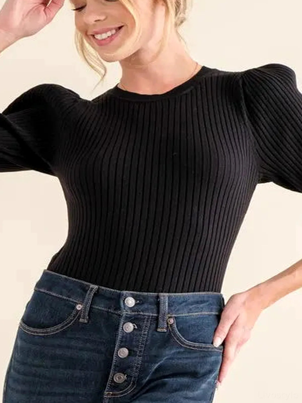 Trendy Ribbed Bodysuit with Puffed Half Sleeves in Black — detail view — Livostyle