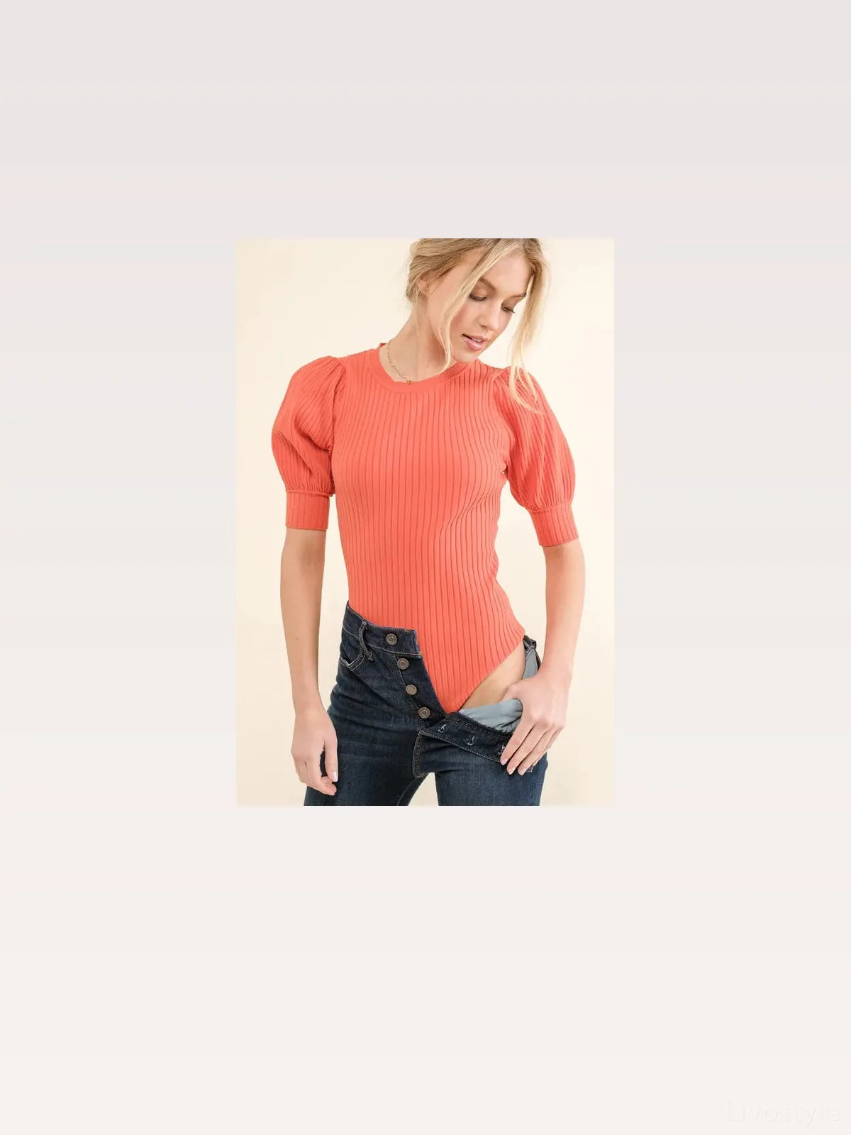 Trendy Ribbed Bodysuit with Puffed Half Sleeves — styled showcase — Livostyle