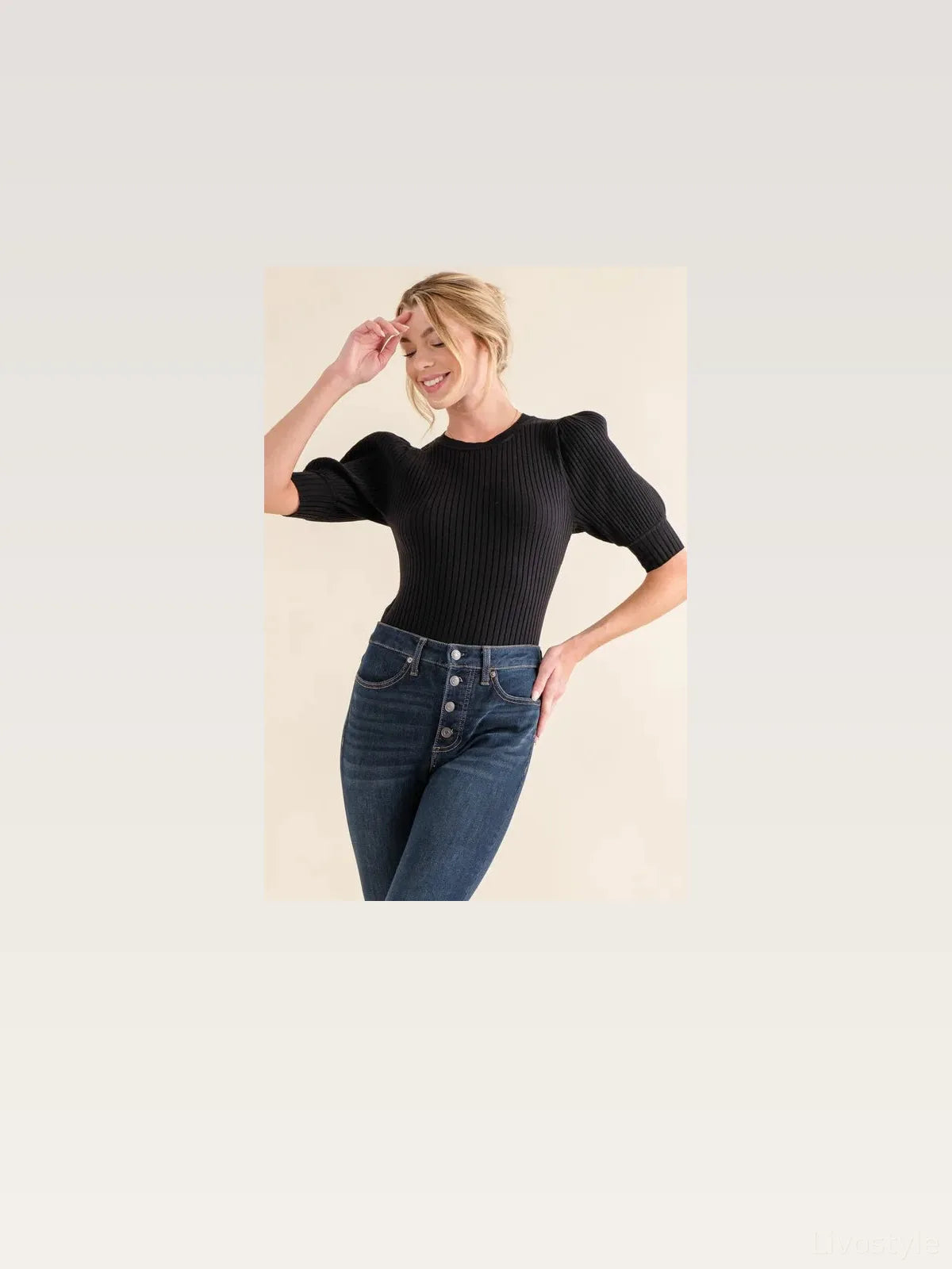 Trendy Ribbed Bodysuit with Puffed Half Sleeves in Black — styled showcase — Livostyle