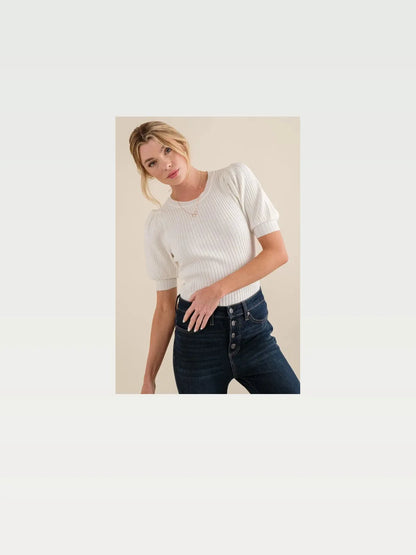Trendy Ribbed Bodysuit with Puffed Half Sleeves in Ivory — styled showcase — Livostyle
