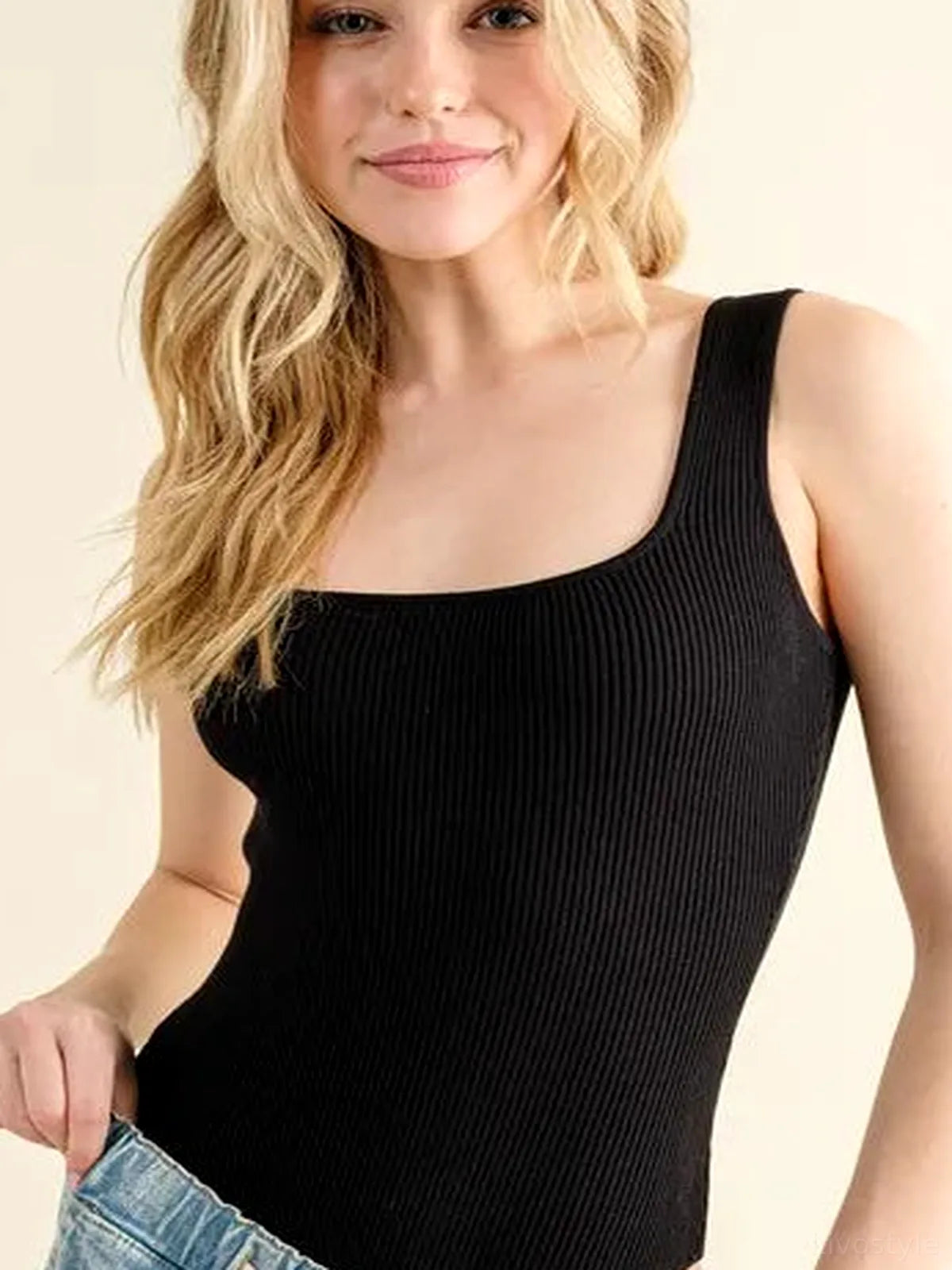 Chic Ribbed Square-Neck Bodysuit — detail view — Livostyle