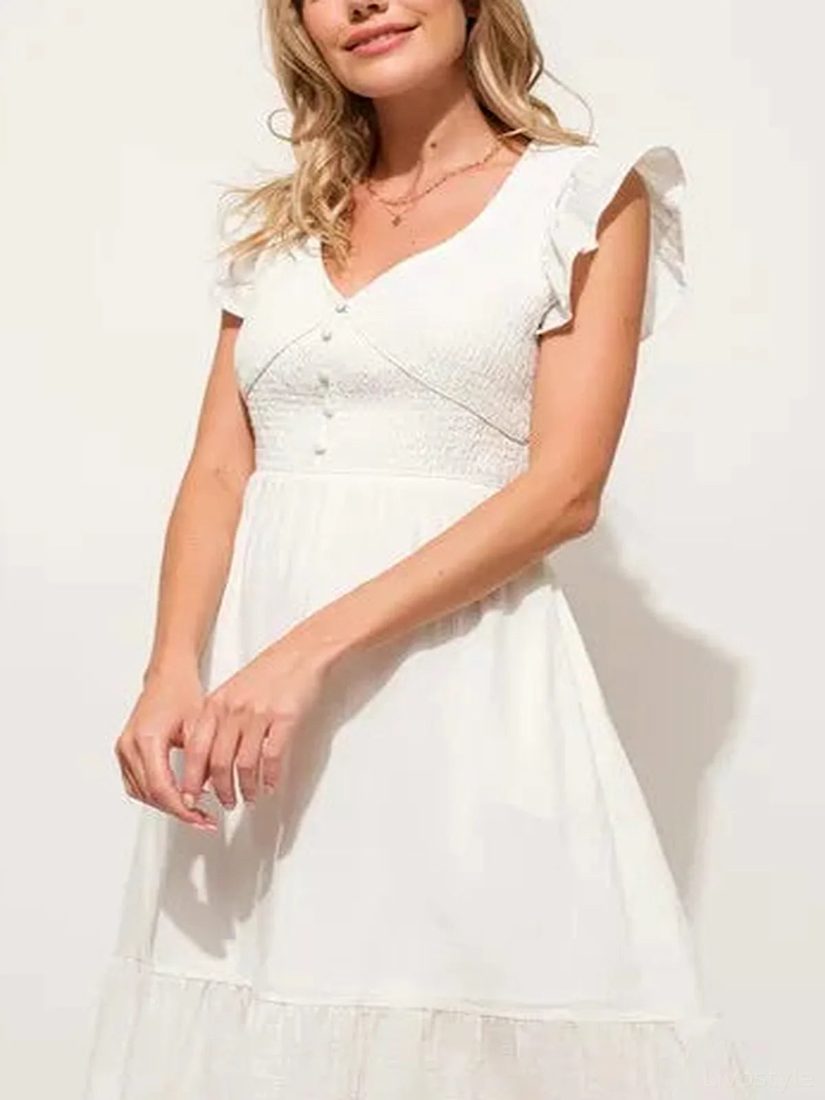Ruffle Sleeve Smocked Midi Dress with Tiered Skirt – photo 2