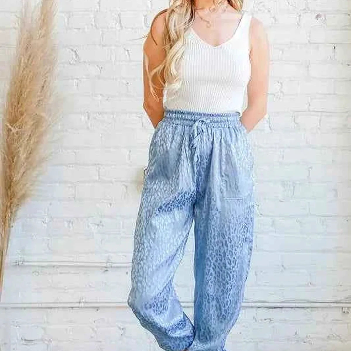 Pale Blue Satin Leopard Print Joggers — square view — Livostyle