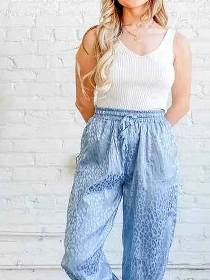 Pale Blue Satin Leopard Print Joggers — detail view — Livostyle