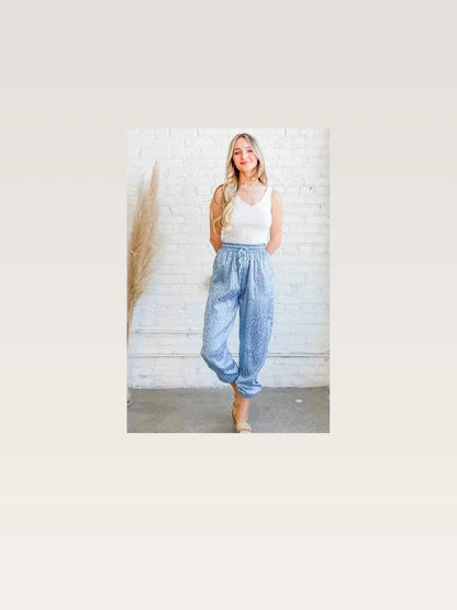 Pale Blue Satin Leopard Print Joggers — styled showcase — Livostyle