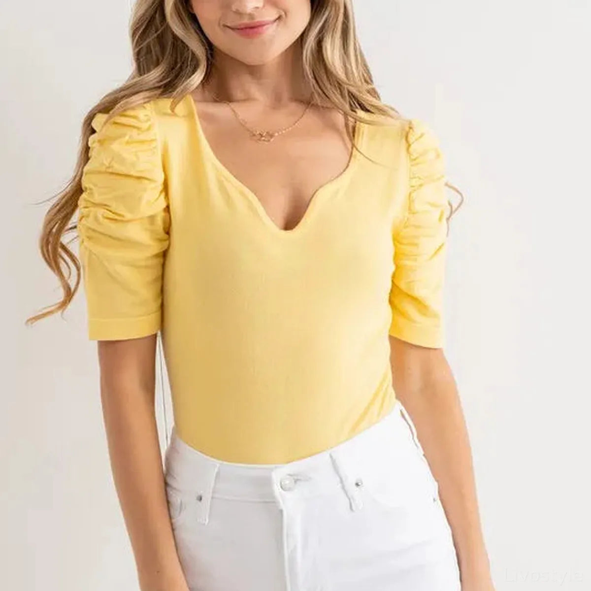 Feminine Shirring Puff Sleeve Bodysuit for Chic Look — square view — Livostyle