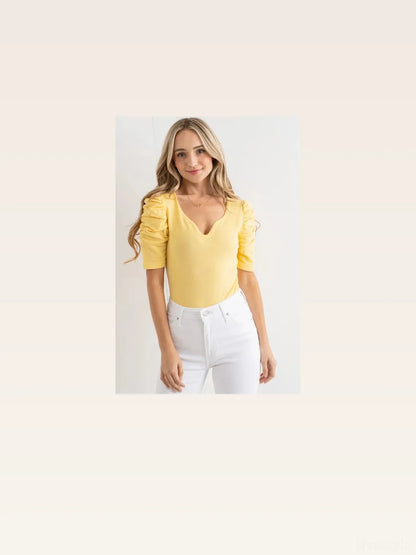 Feminine Shirring Puff Sleeve Bodysuit for Chic Look — styled showcase — Livostyle