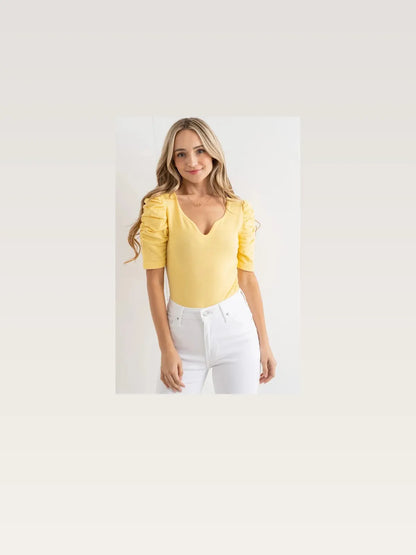 Feminine Shirring Puff Sleeve Bodysuit for Chic Look — styled showcase — Livostyle