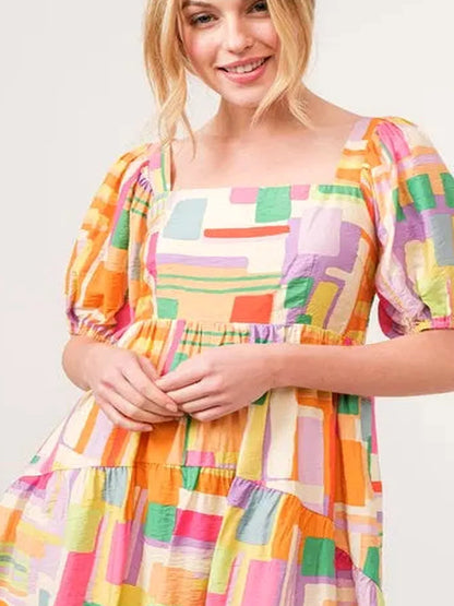 Chic Square Neck Geo Print Mini Dress with Puff Sleeves — detail view — Livostyle