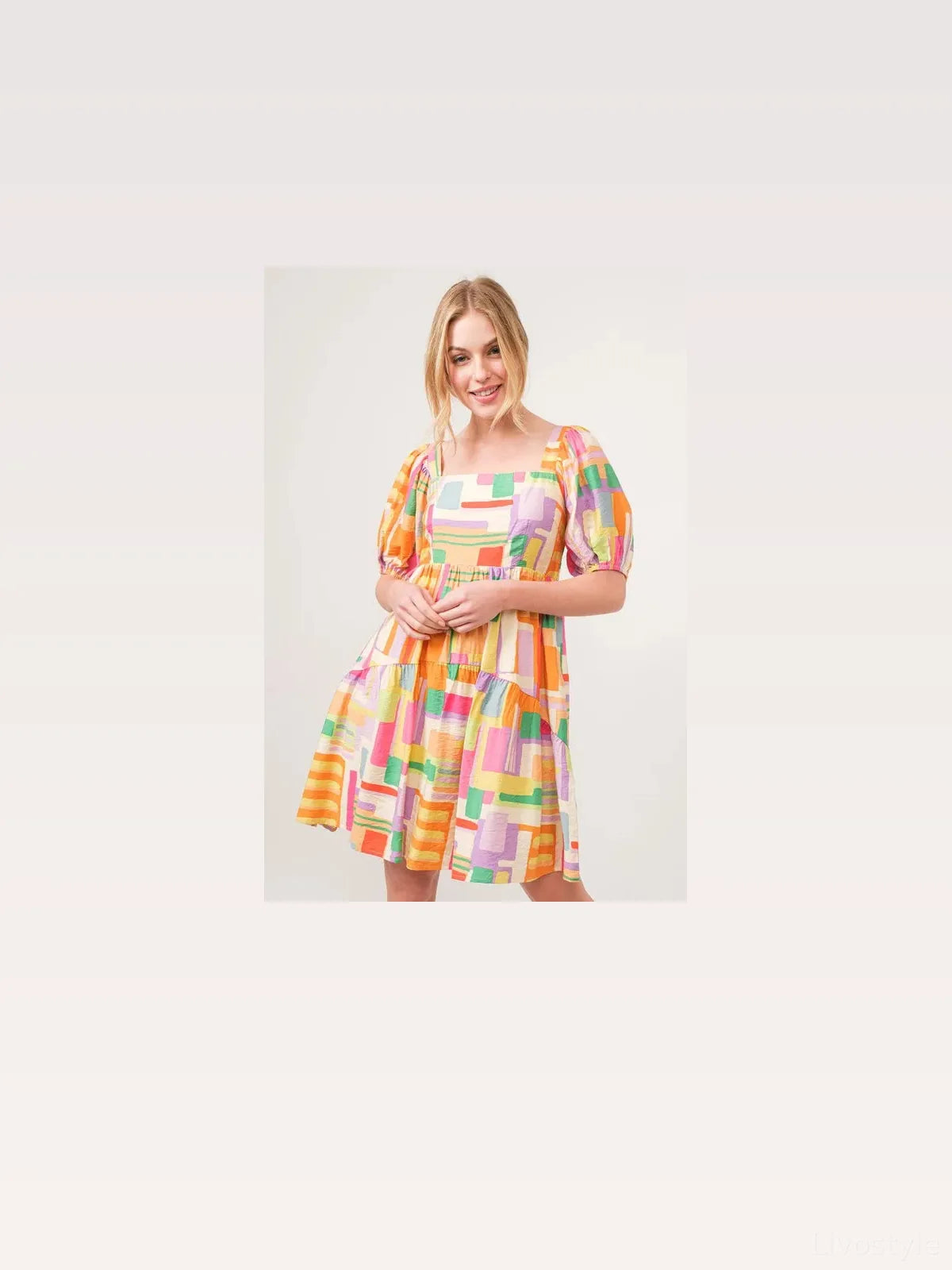 Chic Square Neck Geo Print Mini Dress with Puff Sleeves — styled showcase — Livostyle