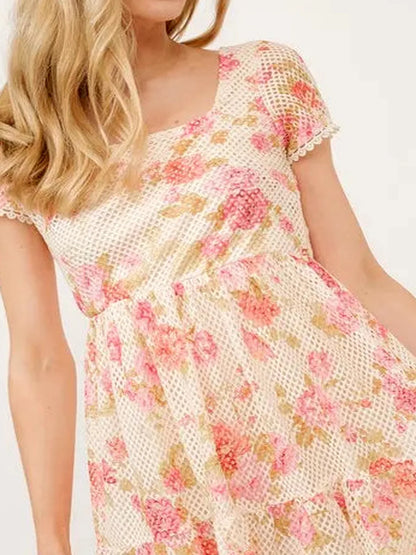 Elegant Square Neck Floral Dress with Fishnet Detailing — detail view — Livostyle
