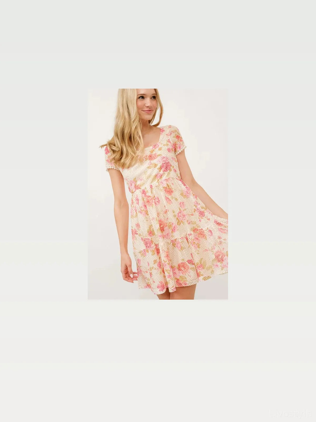 Elegant Square Neck Floral Dress with Fishnet Detailing — styled showcase — Livostyle