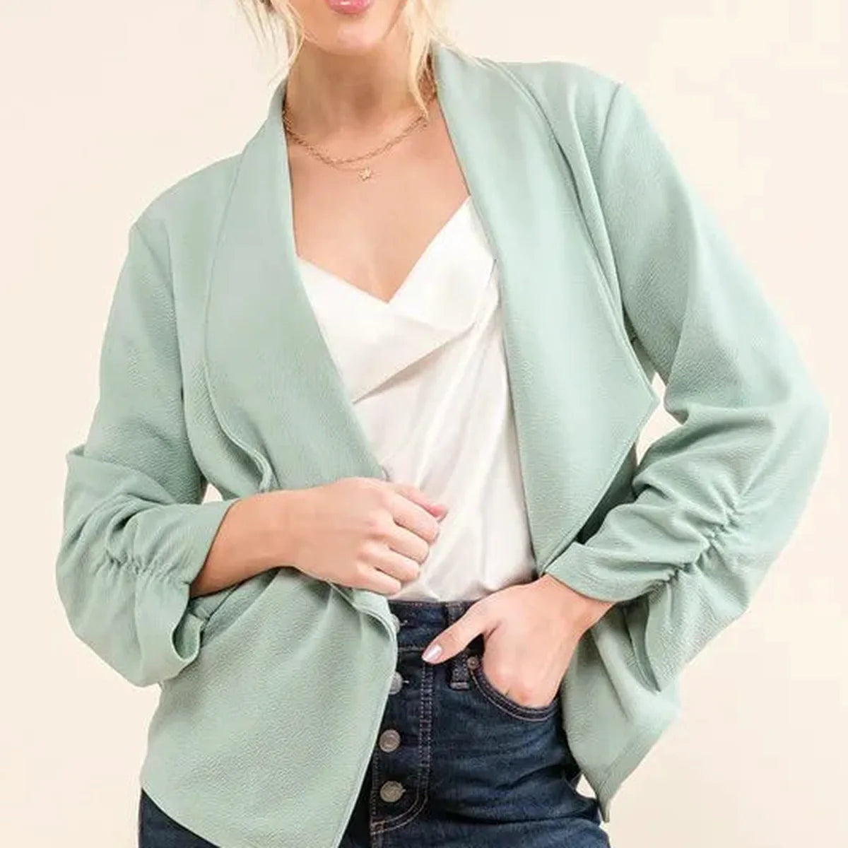Wrinkle-Resistant Open-Front Blazer with Ruched Sleeves – photo 2