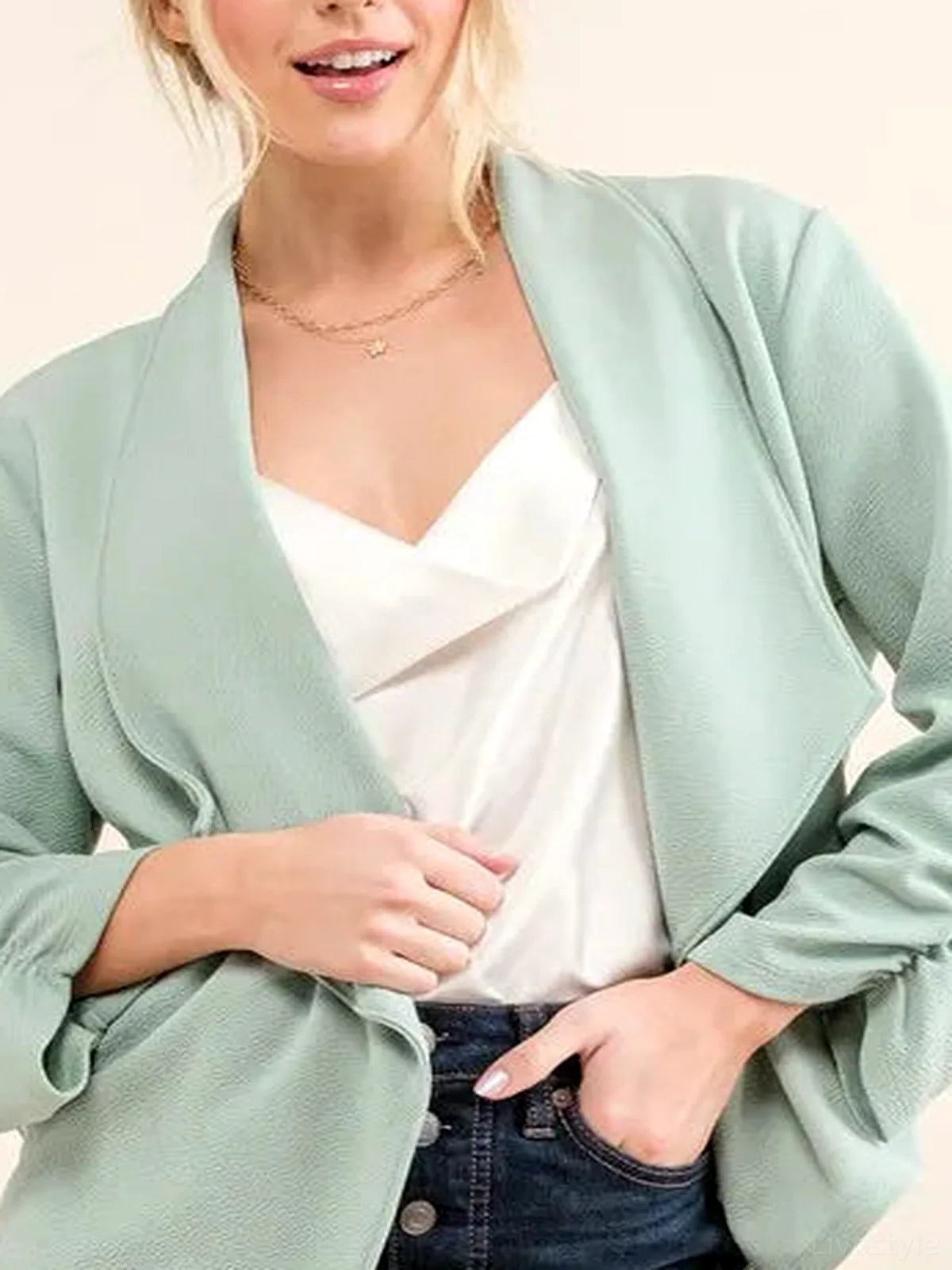 Wrinkle-Resistant Open-Front Blazer with Ruched Sleeves – photo 4