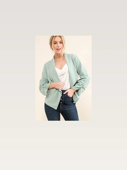 Wrinkle-Resistant Open-Front Blazer with Ruched Sleeves – photo 3