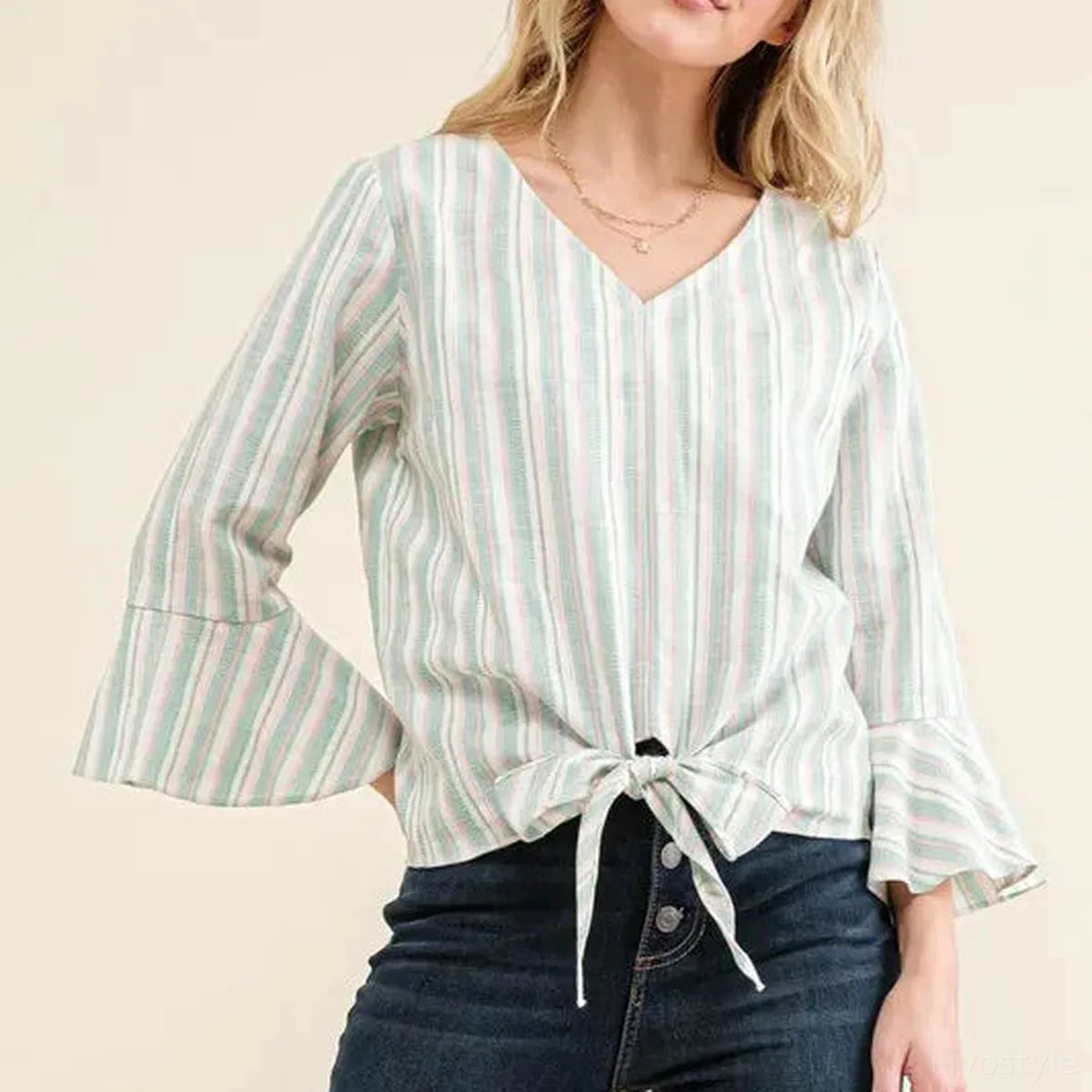 Chic Striped Bell Sleeve Top with Tie Knot Front Detail — square view — Livostyle