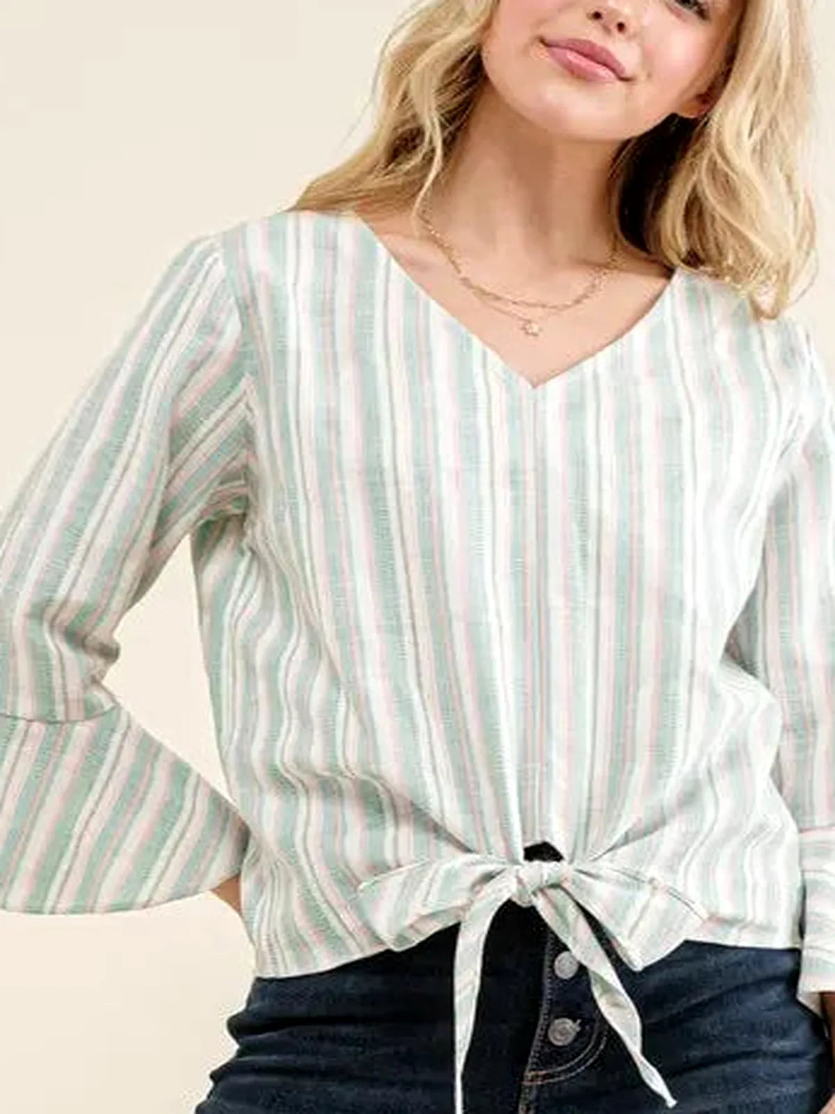Chic Striped Bell Sleeve Top with Tie Knot Front Detail — detail view — Livostyle