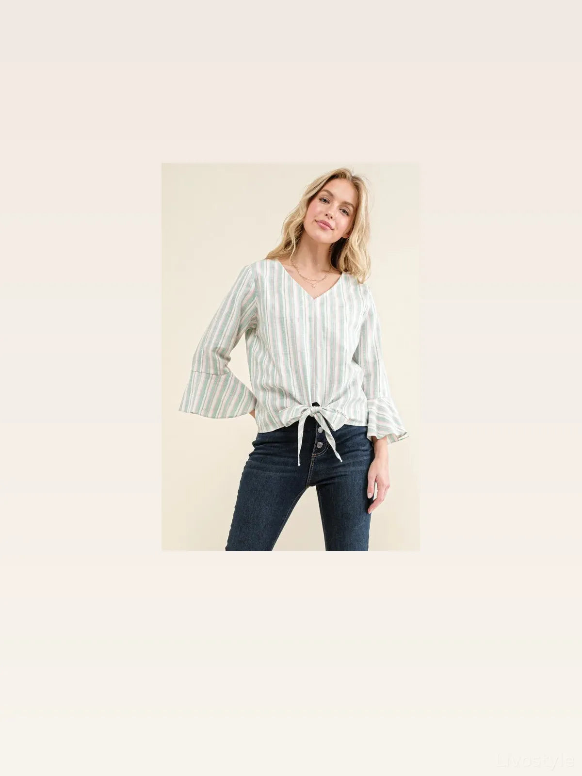 Chic Striped Bell Sleeve Top with Tie Knot Front Detail — styled showcase — Livostyle