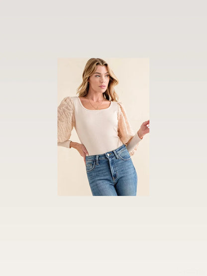 Textured Puff Sleeve Bodysuit with Lace Accents – photo 2
