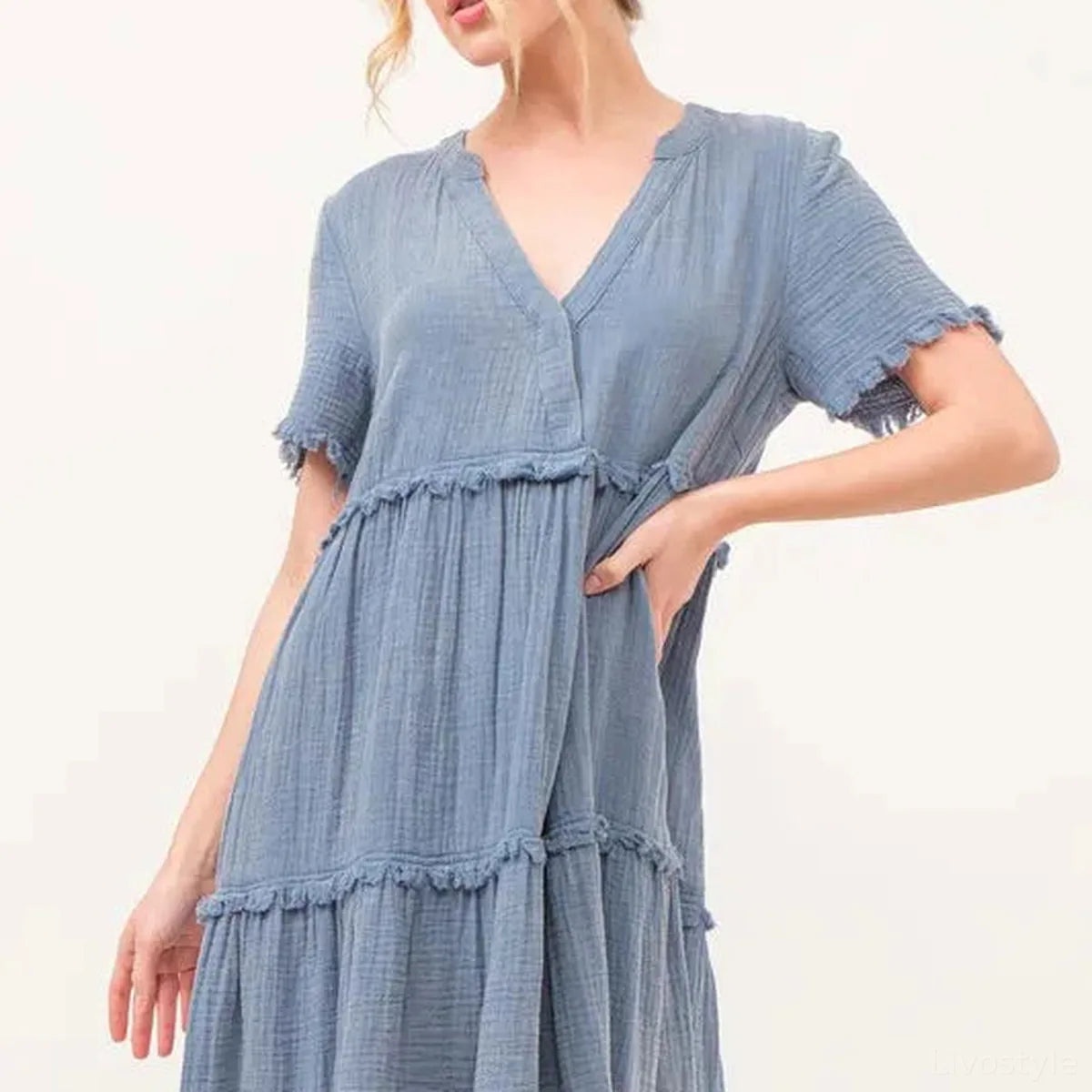 Stylish Washed & Frayed Tiered Dress for Casual Chic — square view — Livostyle