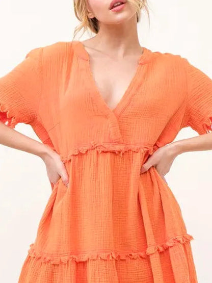 Stylish Washed Frayed Tiered Dress for Chic Casual Look — detail view — Livostyle