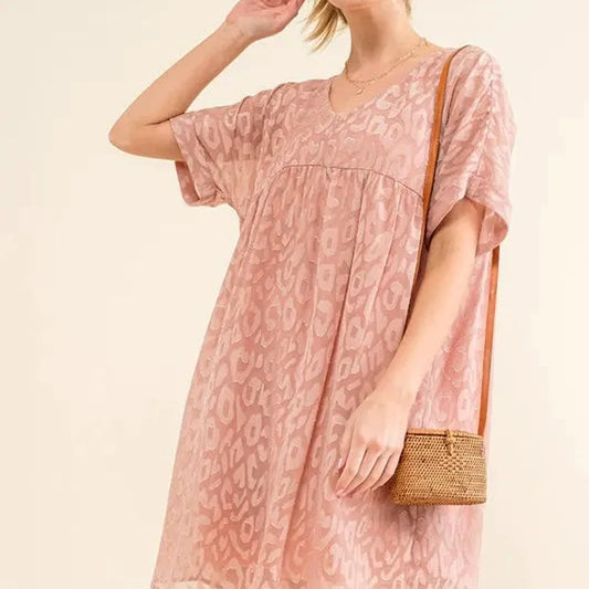 Stylish Leopard Print Baby Doll Dress with Roll Sleeves — square view — Livostyle
