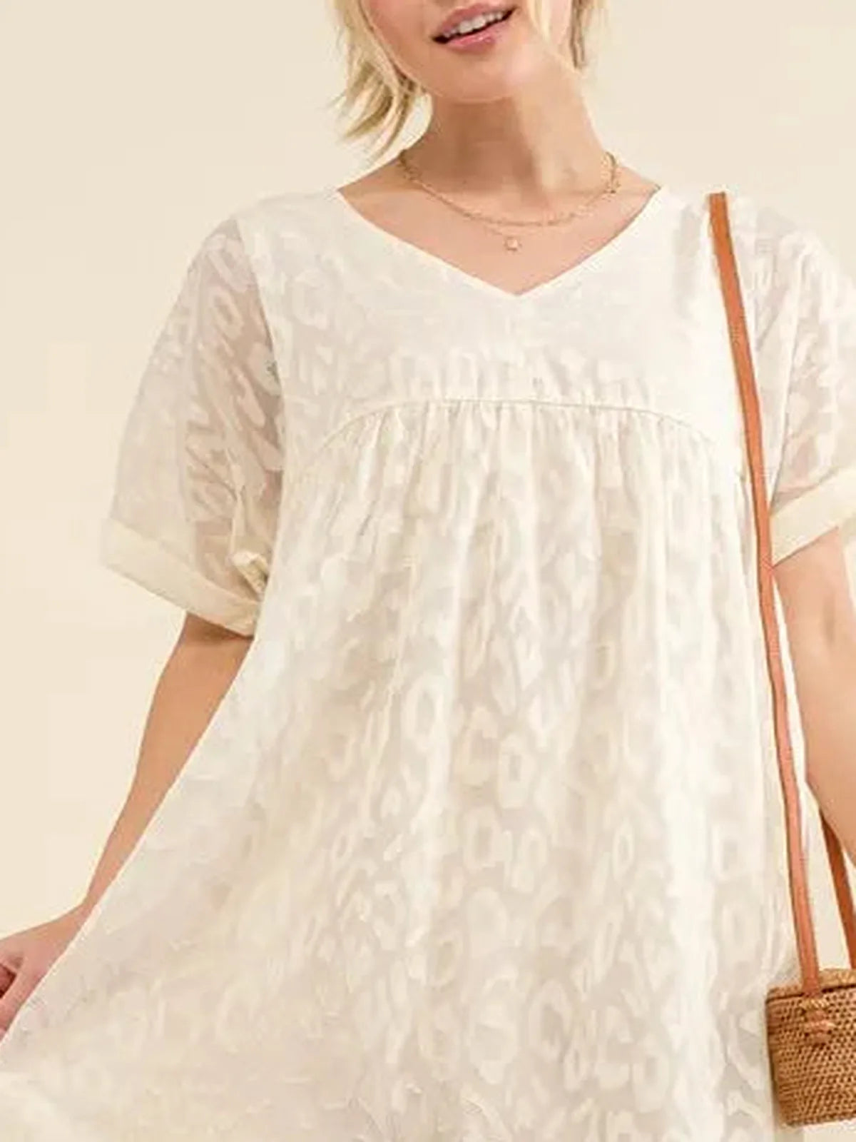 Chic Leopard Print Baby Doll Dress with Roll-Sleeves — detail view — Livostyle