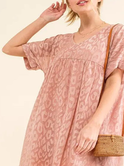 Stylish Leopard Print Baby Doll Dress with Roll Sleeves — detail view — Livostyle