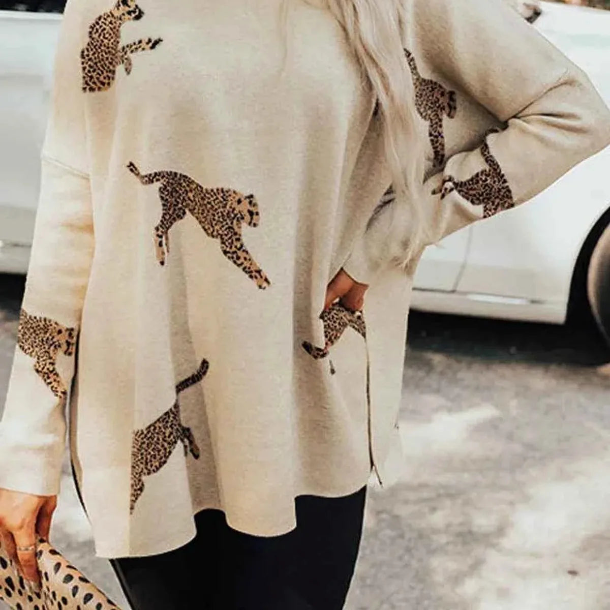 Animal Pattern Mock Neck Long Sleeve Slit Sweater — square view — Livostyle