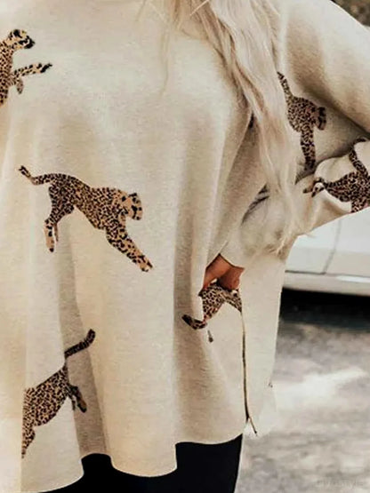 Animal Pattern Mock Neck Long Sleeve Slit Sweater — detail view — Livostyle