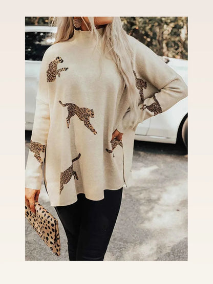 Animal Pattern Mock Neck Long Sleeve Slit Sweater — styled showcase — Livostyle
