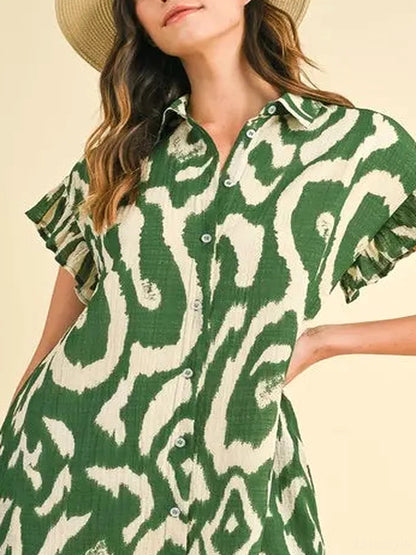 Chic Abstract Mini Dress with Frill Sleeves — detail view — Livostyle