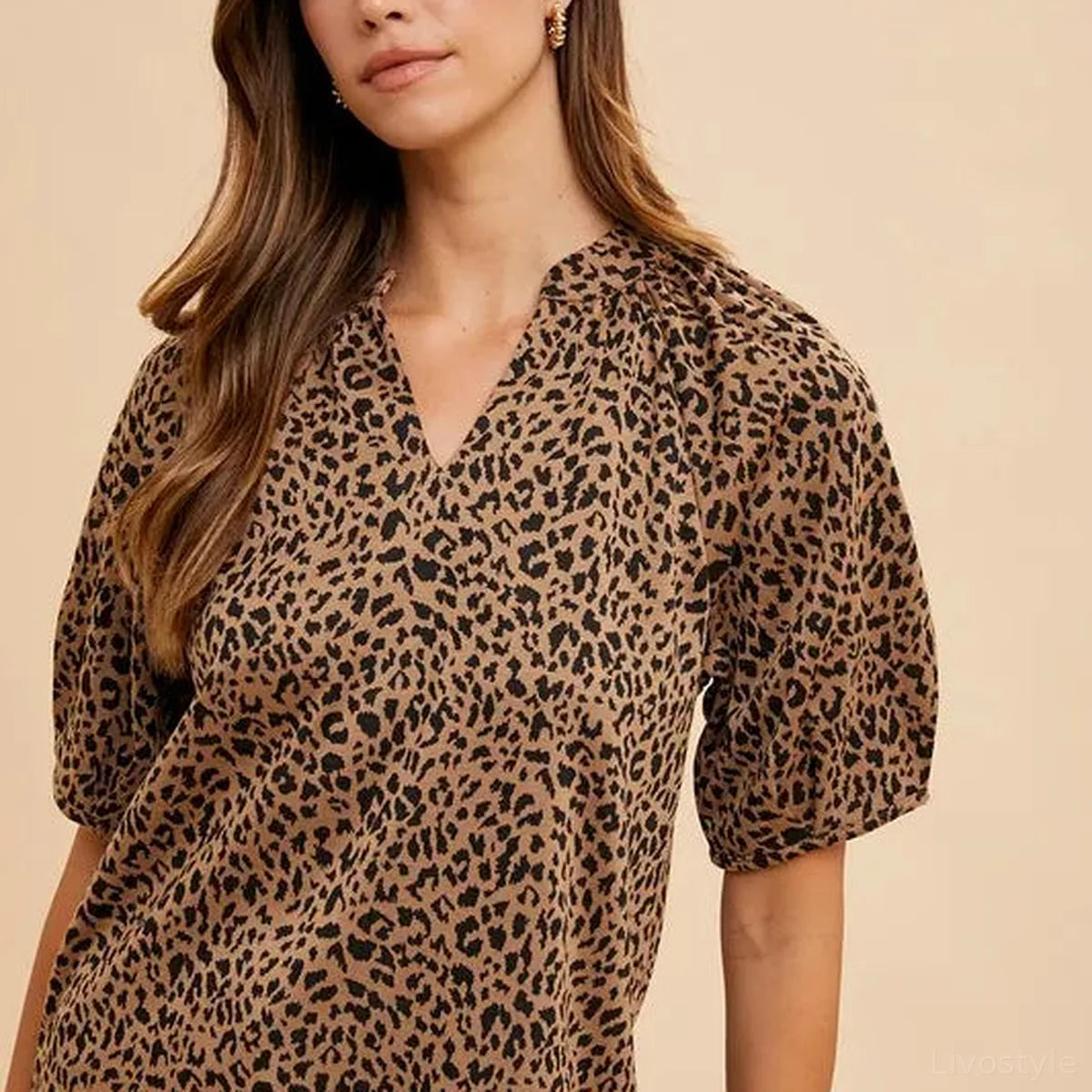 Trendy Animal Print Voluminous Sleeve Knit Blouse — square view — Livostyle