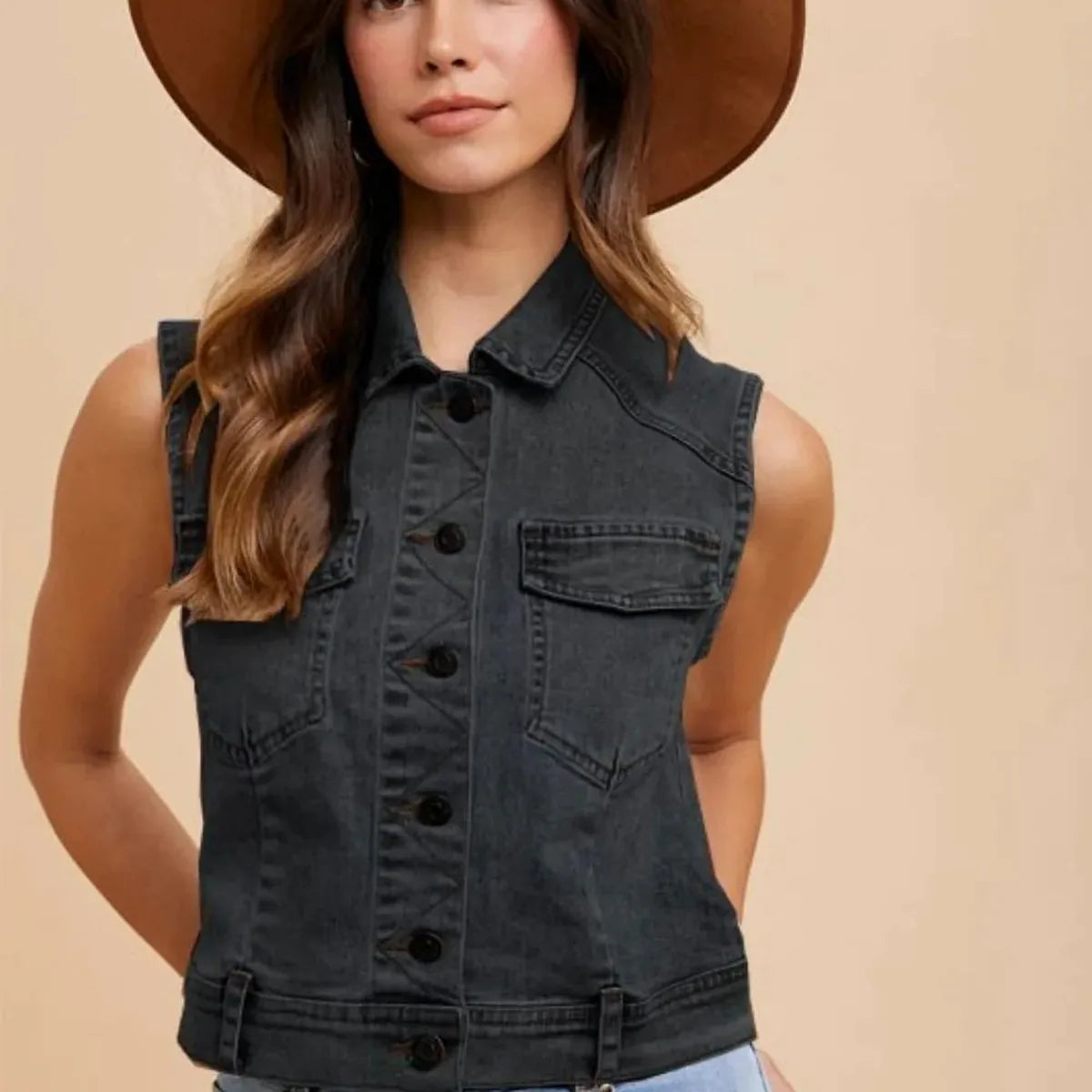 Collared Neck Button Down Denim Vest — square view — Livostyle