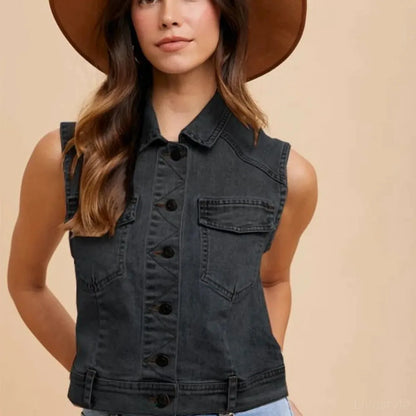 Collared Neck Button Down Denim Vest — square view — Livostyle